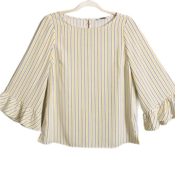 Carolina Belle Montreal blue Yellow Striped 3/4 Sleeve Top Blouse Small - Picture 1 of 12